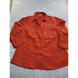 Appraisal Plus Button Down Shirt Womens 1X Orange Floral Eyelet Cutout